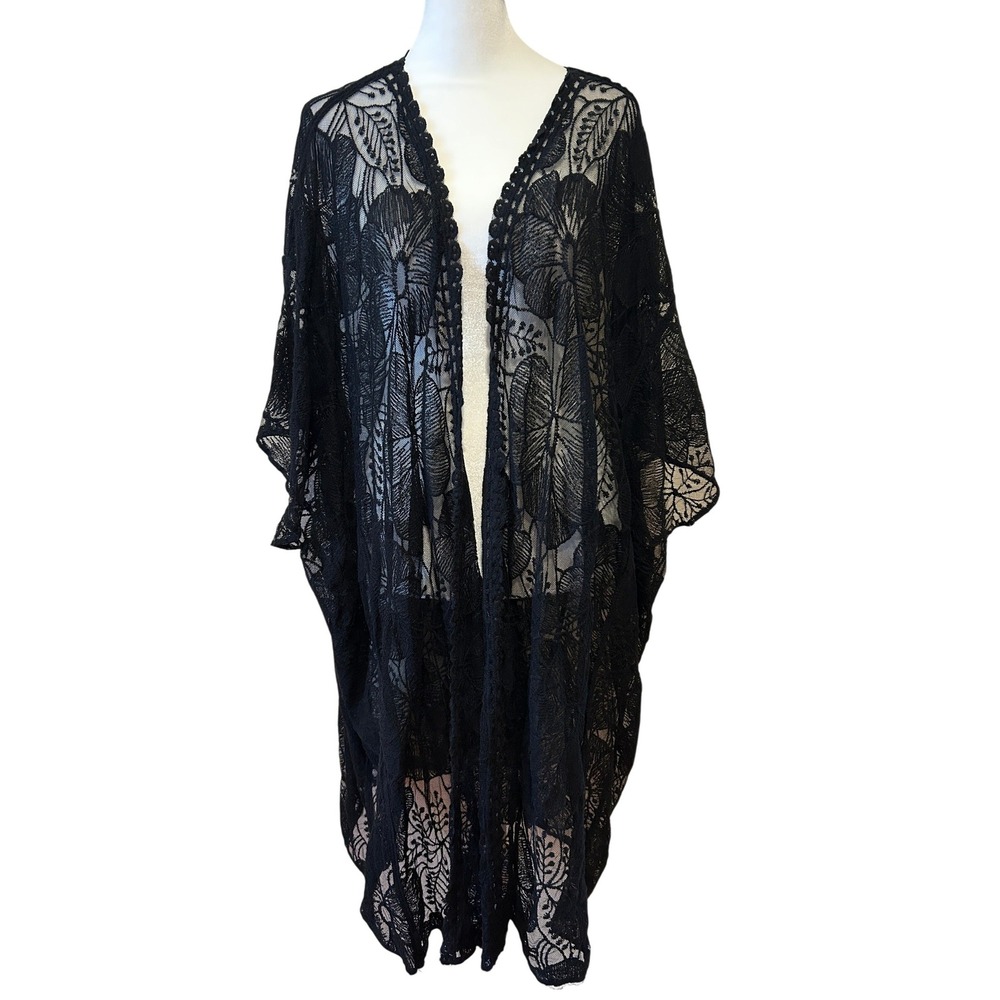 Bsubseach Women Kimono One Size Black Floral Lace Sheer Open Swim Cover Festival